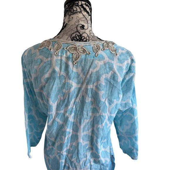ROBERTA ROLLER RABBIT Blue Gold Scroll Detail Tunic Blouse Size Small - Picture 4 of 6